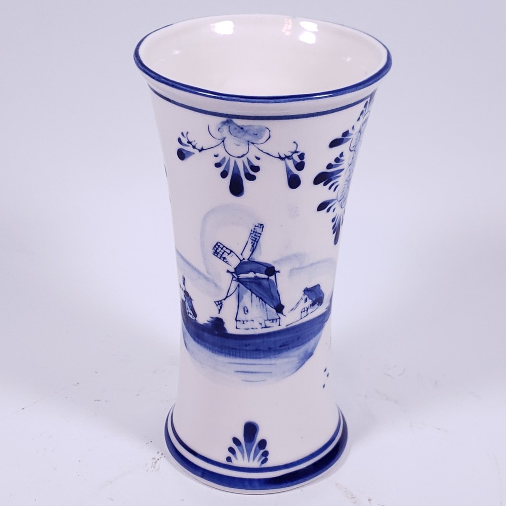 Vintage ELESVA HOLLAND DELFT BLUE Dutch Windmill Folk Hand Painted Ceramic VASE