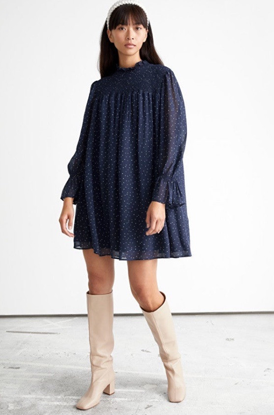 & Other Stories Paris Atelier Navy Blue Smock Dress Heart Print Babydoll Sz 6