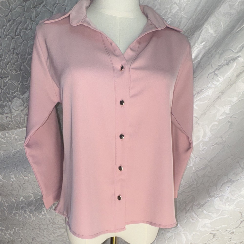 Pink Solid 3/4 Sleeve Button Front Collared Blouse Women Regular