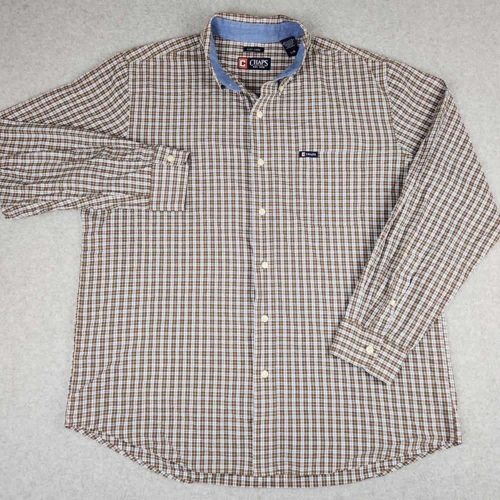 Chaps Mens Large Long Sleeve Button Down Shirt Brown Blue Plaid Easy Care 0713