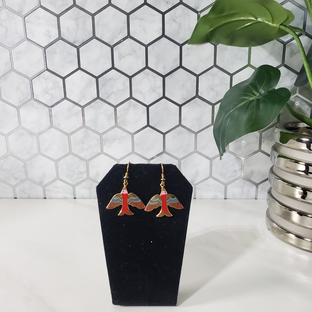 Vintage Laurel Burch Dyrland Dove Gold Tone Enamel Dangle Hook Earrings