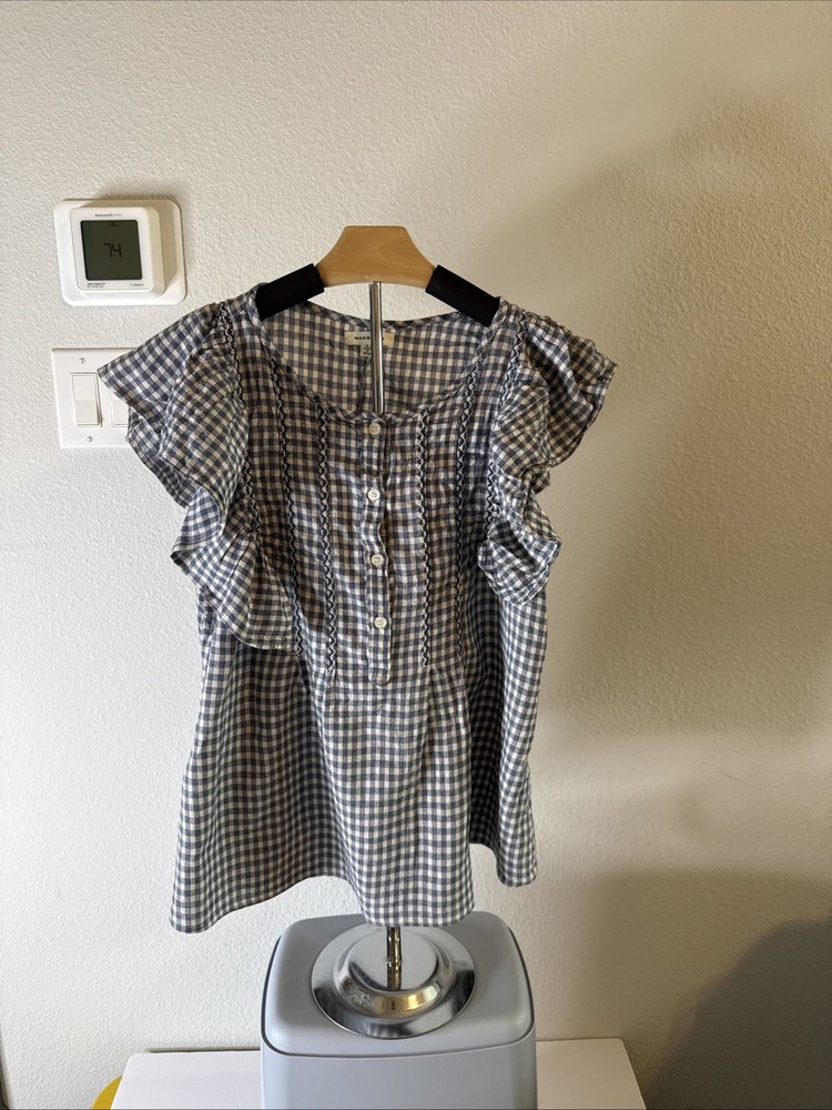 Max Studio Women’s Gingham Blouse Flutter Sleeve Blue & White Size L