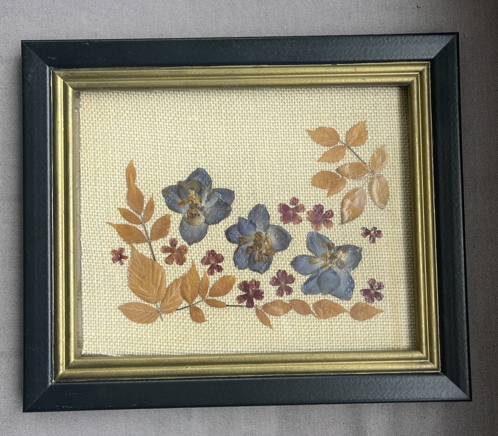 VINTAGE Pressed Flowers In Frame Burlap Rustic Woodland Cottage Core Wall Art
