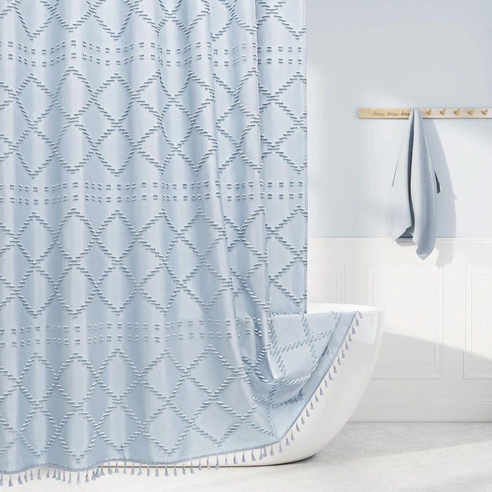 Boho Fog Blue Woven Fabric Shower Curtain with Tassel 72 x 72, Bohemia Tufted...