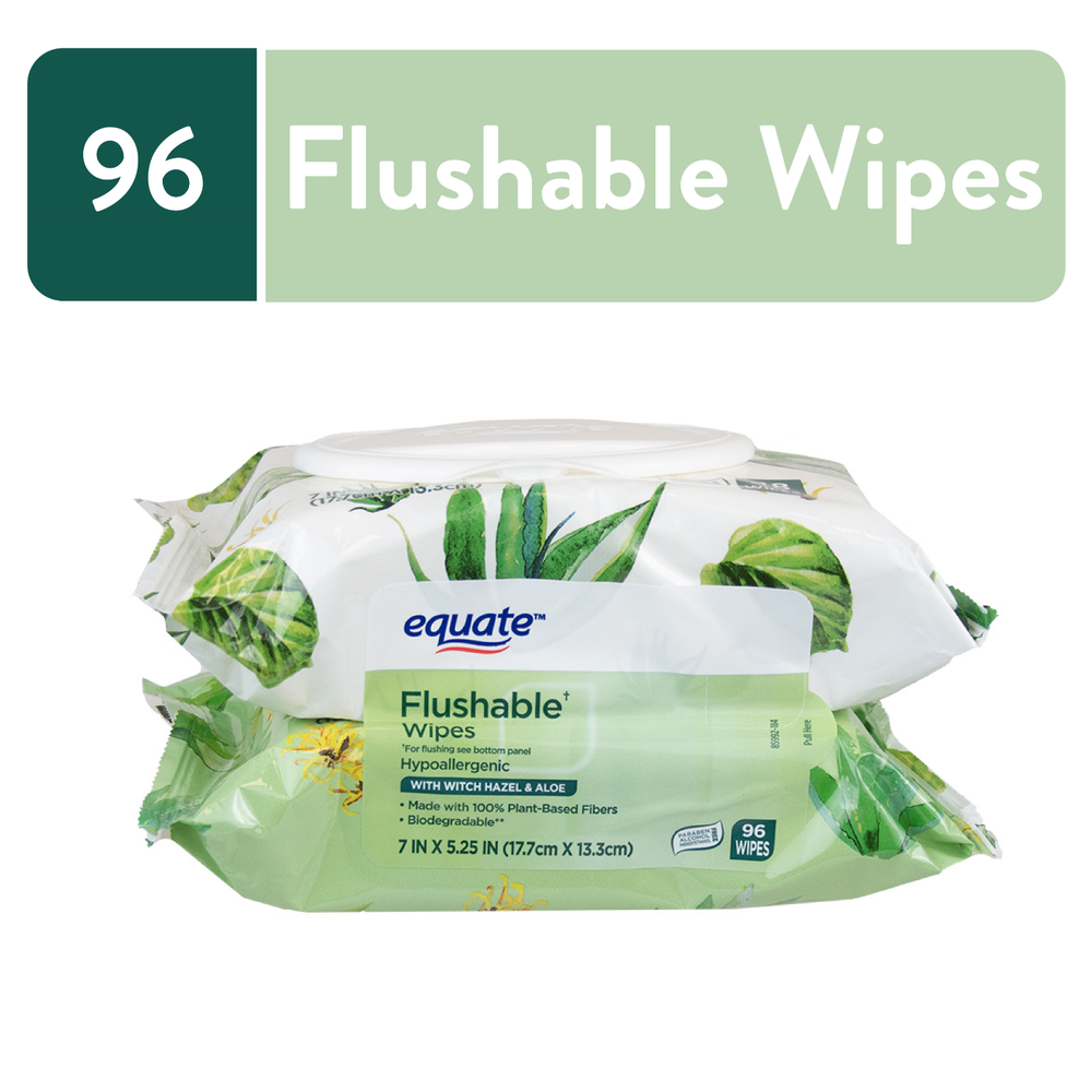 Equate Witch Hazel and Aloe Scent Flushable Wipes, 2 Flip-Top Packs 96 Wipes