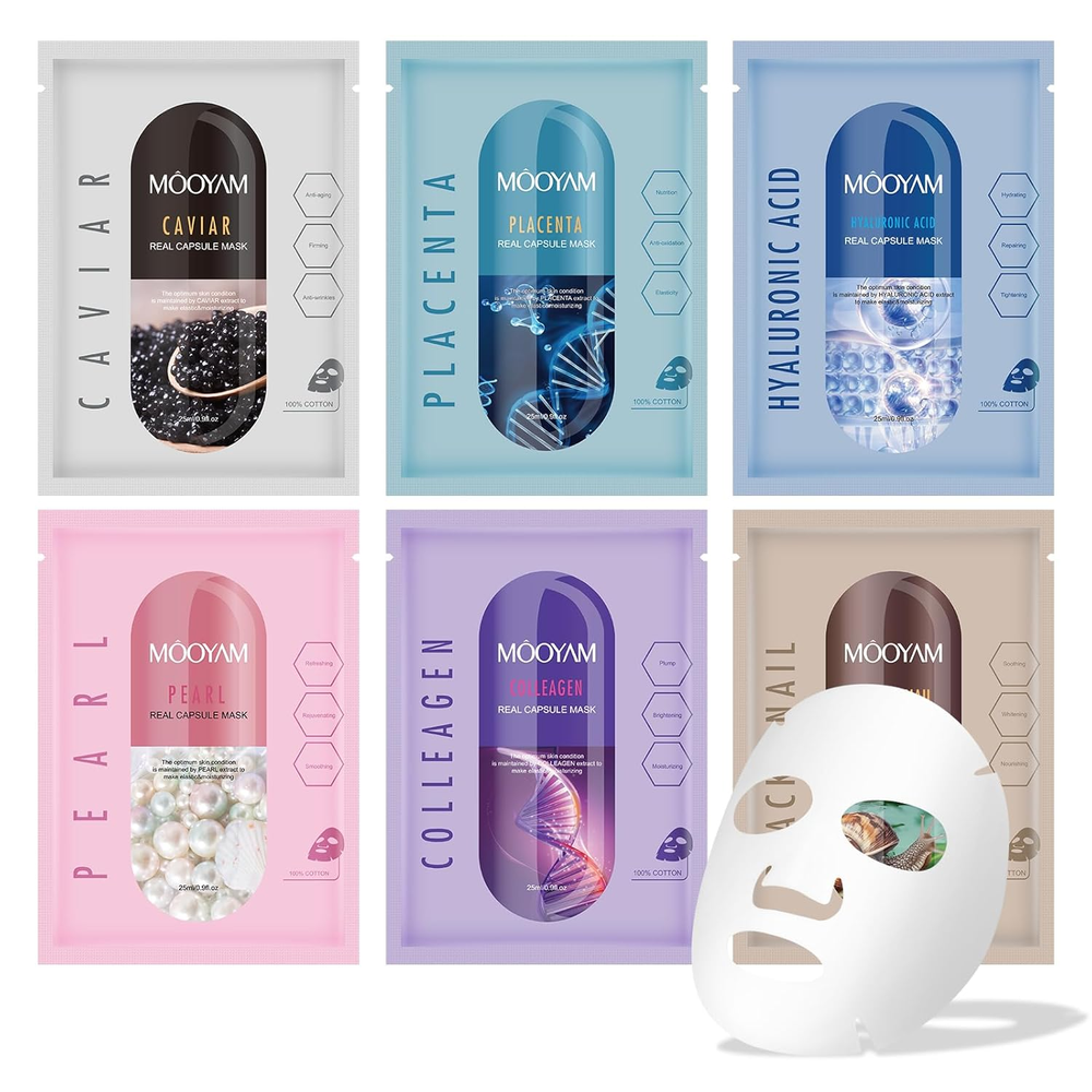Hydrating Collagen Snail Face Mask Skincare Set 6-Pack for All Skin Types