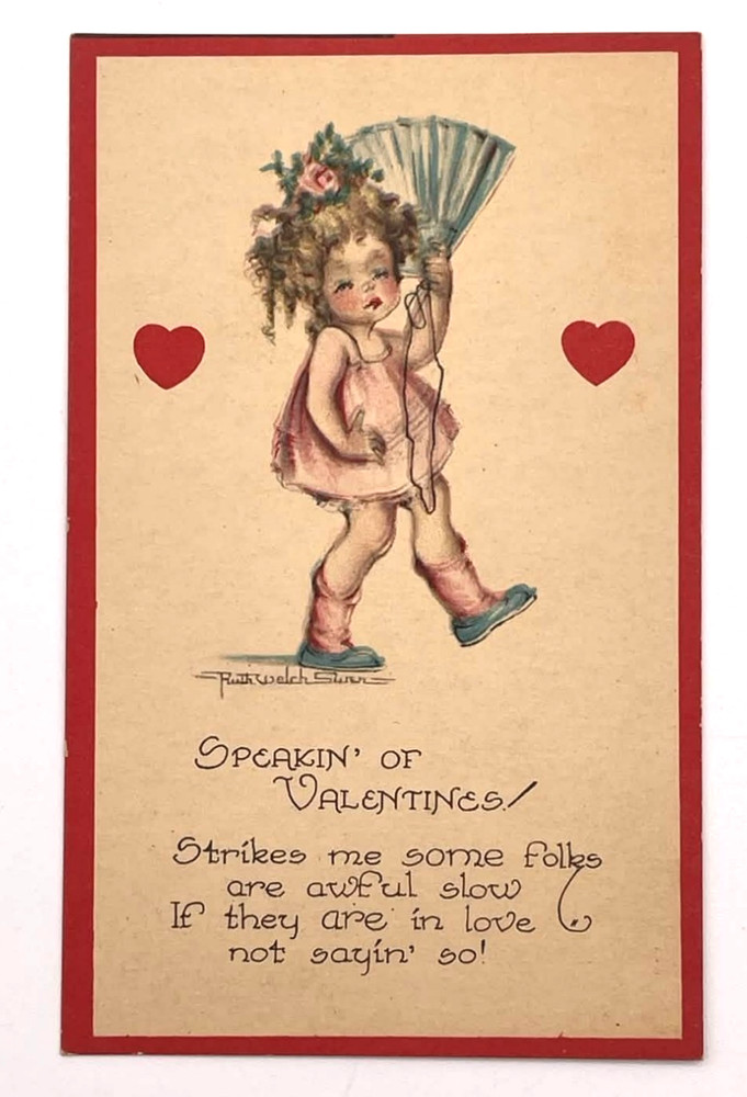 Ruth Welch Valentine Girl Fan Hearts Poem Red Border Postcard