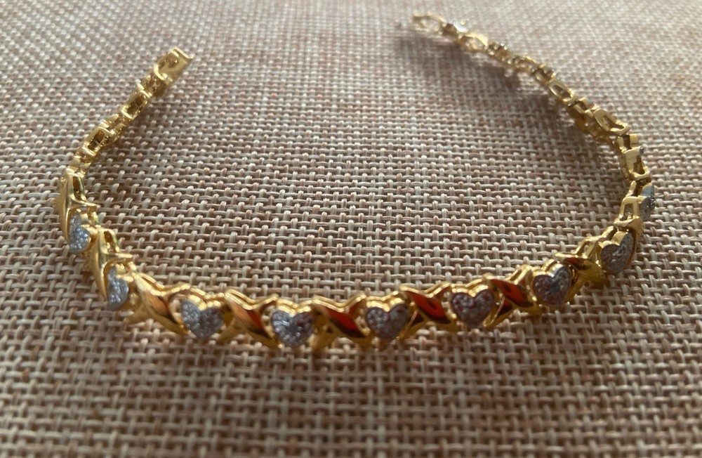 925 Sterling Silver Vermeil Two Tone Hearts & X Motif Elegant Tennis Bracelet 7