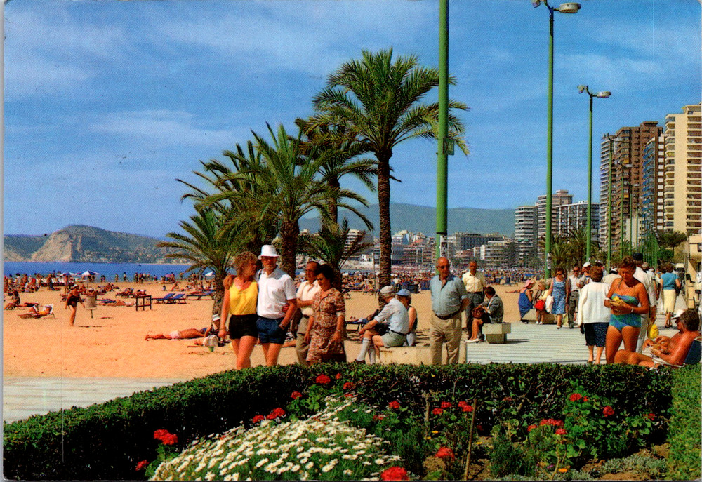 Vintage Postcard Benidorm Spain Playa Levante Beach Promenade People