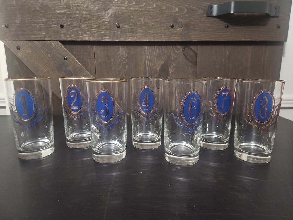 7-MCM-LIBBEY-NUMERO COCKTAIL HIGHBALL GLASSES-COMPLETE SET-22K GOLD TRIM-EX*Read