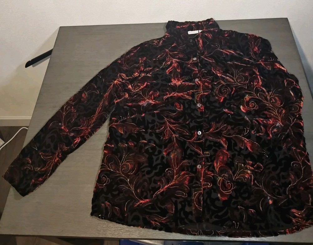 vintage Women's White Stag red and black velvet burnout long sleeve button-up...