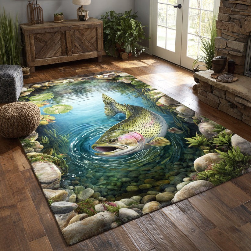 3D Rainbow Trout Fish Area Rug, Realistic River Stream Carpet, Fishing Decor Mat