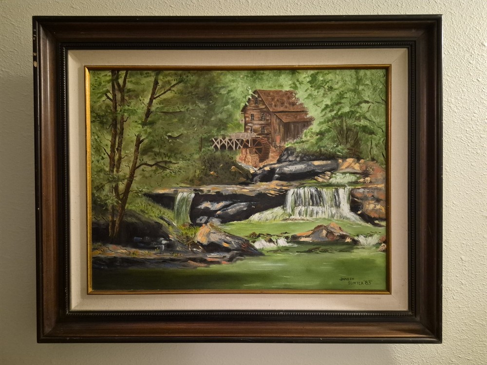 Signed Oil Painting Rustic Mill Waterwheel River Foliage Scene