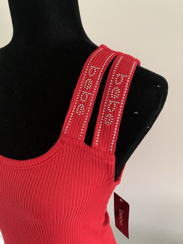 Bebe Women's Crystal Rhinestone Logo Red Racer Back Top Stretchy M Nwt Y2K