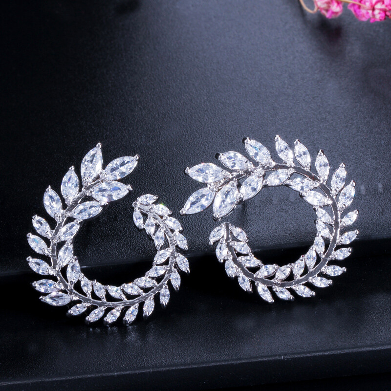 Silver Plated Cubic Zirconia Olive Branch Leaf Marquise Cut Women Stud Earrings