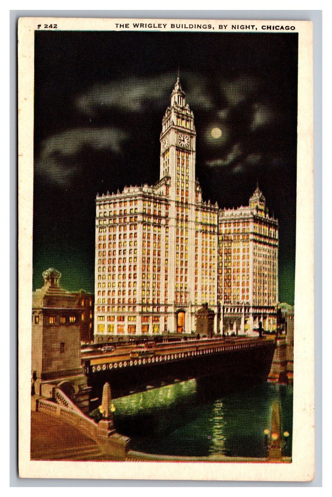 Chicago IL Illinois The Wrigley Buildings by Night White Border Postcard