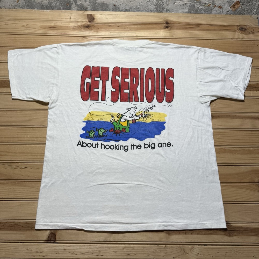 Vintage 90s Funny Fishing Get Serious Hook The Big One Fish Cartoon Shirt - XL