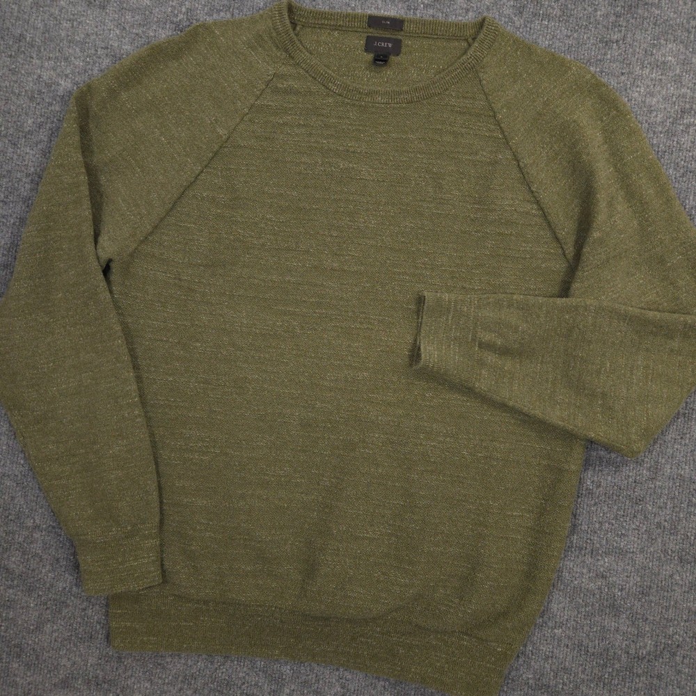 J Crew Rugged Cotton Sweater Mens L Green Slim Fit Slub Crewneck Pullover Casual