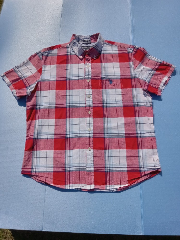 U. S. Polo  Assn Shirt Short Sleeve Men's Large Red and White Plaid Button Up