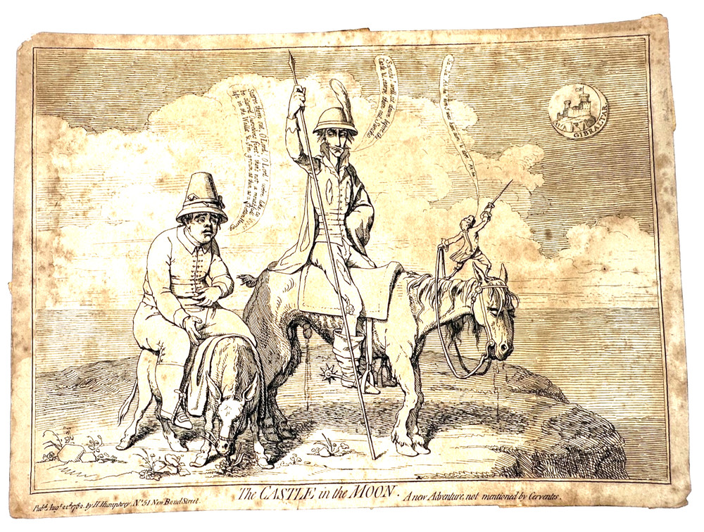 Antique 19thC Political Cartoon Print “The Castle in the Moon” – Satirical Art
