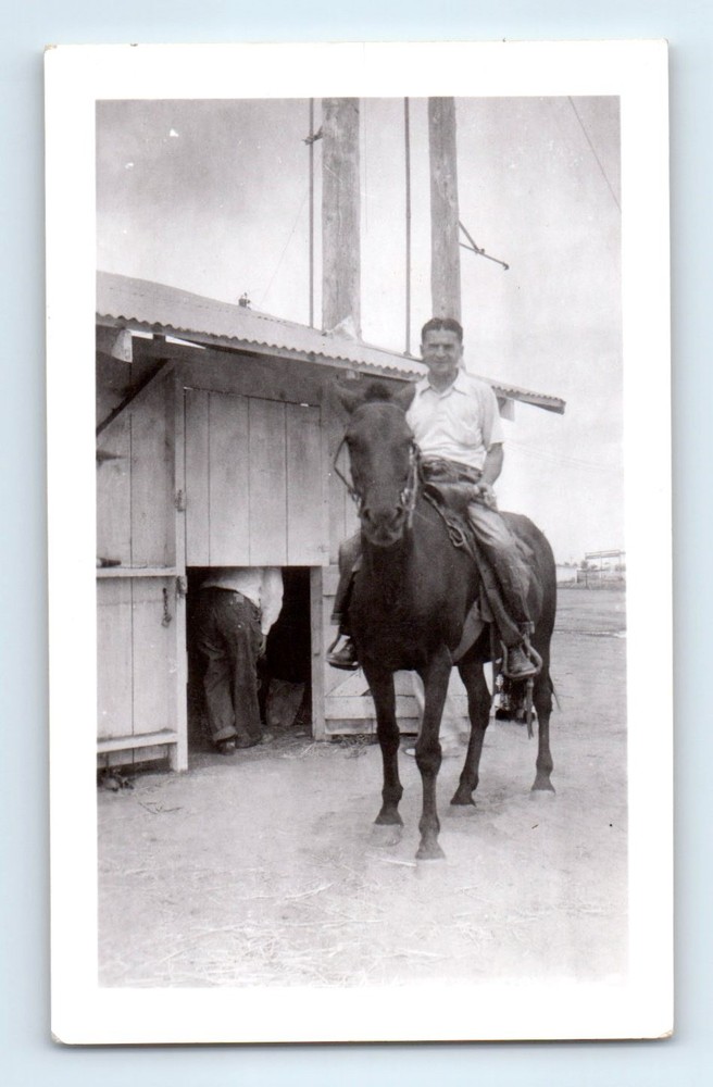 Old Vintage Photo MAN RIDING HORSE OUTSIDE STABLE CULVER CITY CA SNAPSHOT