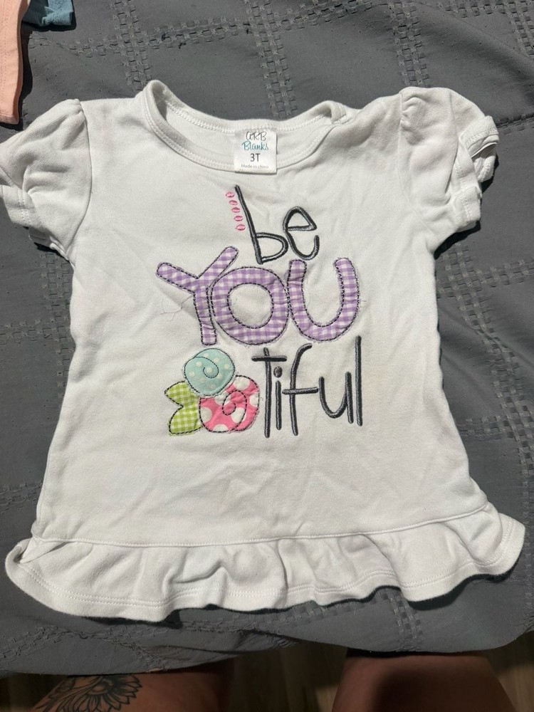 ARB Blanks Toddler Girls 3T White Be You Tiful Applique Ruffle Hem T-Shirt
