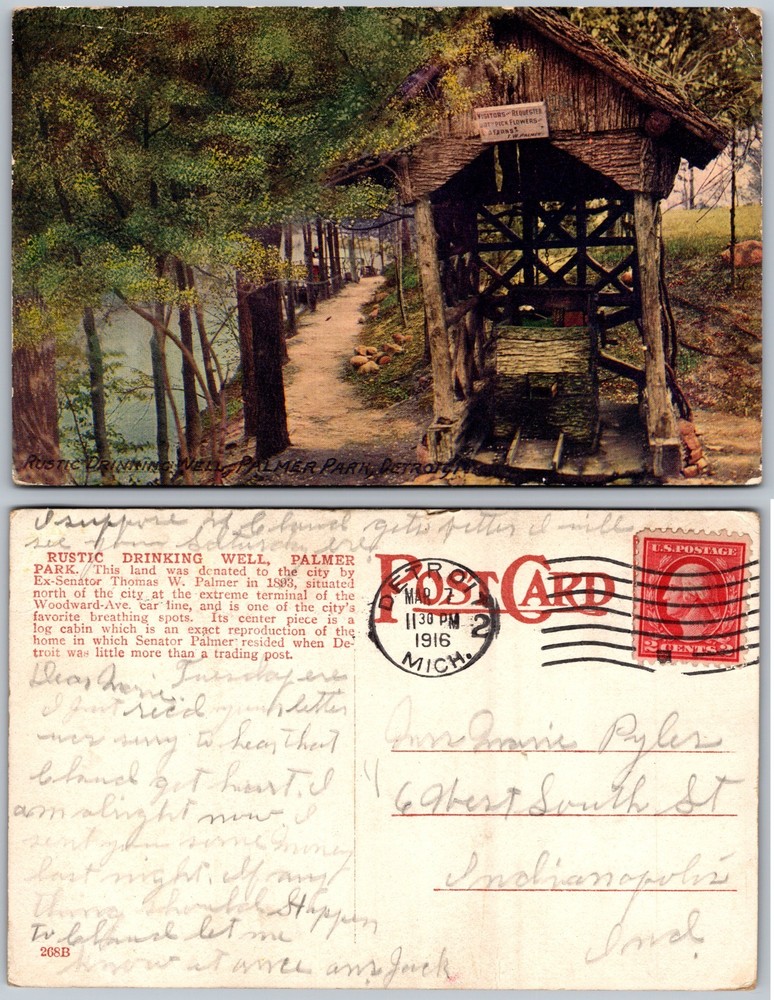 Rustic Drinking Well Palmer Park Detroit Mich Bridge Postcard