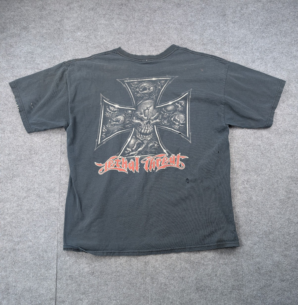 Vintage Lethal Threat Graphic Shirt Mens XL Biker Y2K Thrashed Grunge Distressed