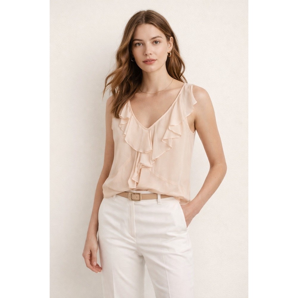 J.Crew Womens Silk Ruffle V-Neck Tank Top Blouse Peach Champagne Size 2