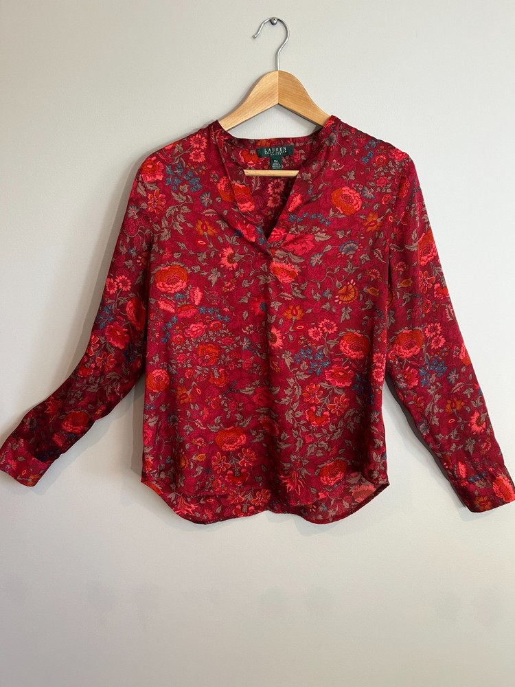 Lauren Ralph Lauren Women’s Long Sleeve Blouse V Neck Red Floral Boho Classic