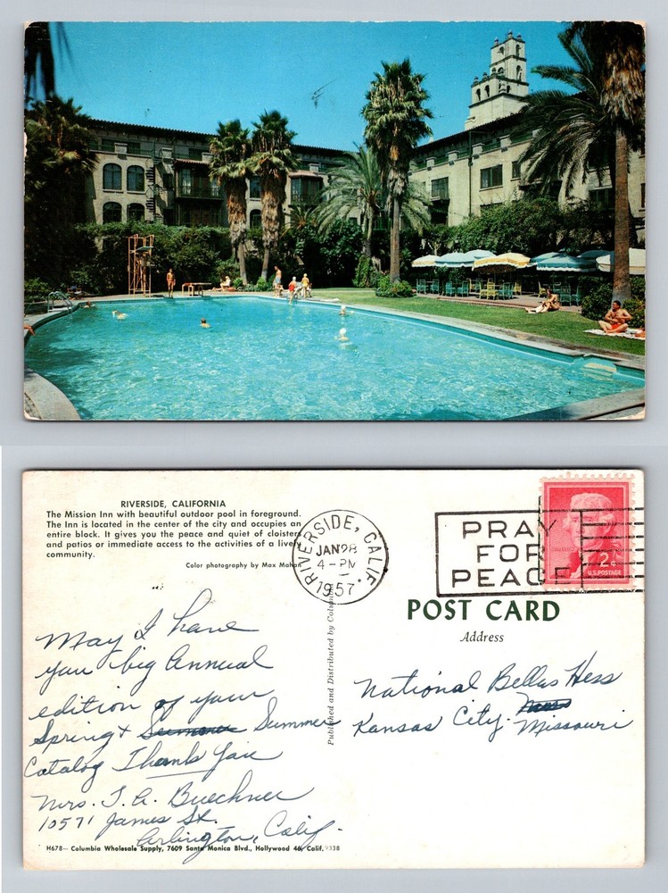 Riverside, California, Mission Inn Outdoor Pool and Palm Trees Vintage Postcard