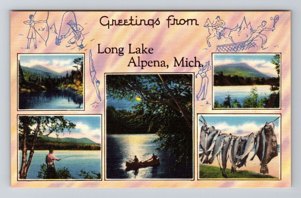 Alpena MI-Michigan, Greetings, Scenes at Long Lake, Vintage Postcard