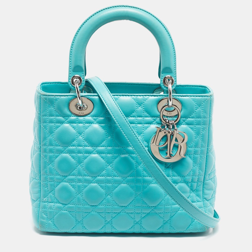 Dior Turquoise Cannage Leather Medium Lady Dior Tote