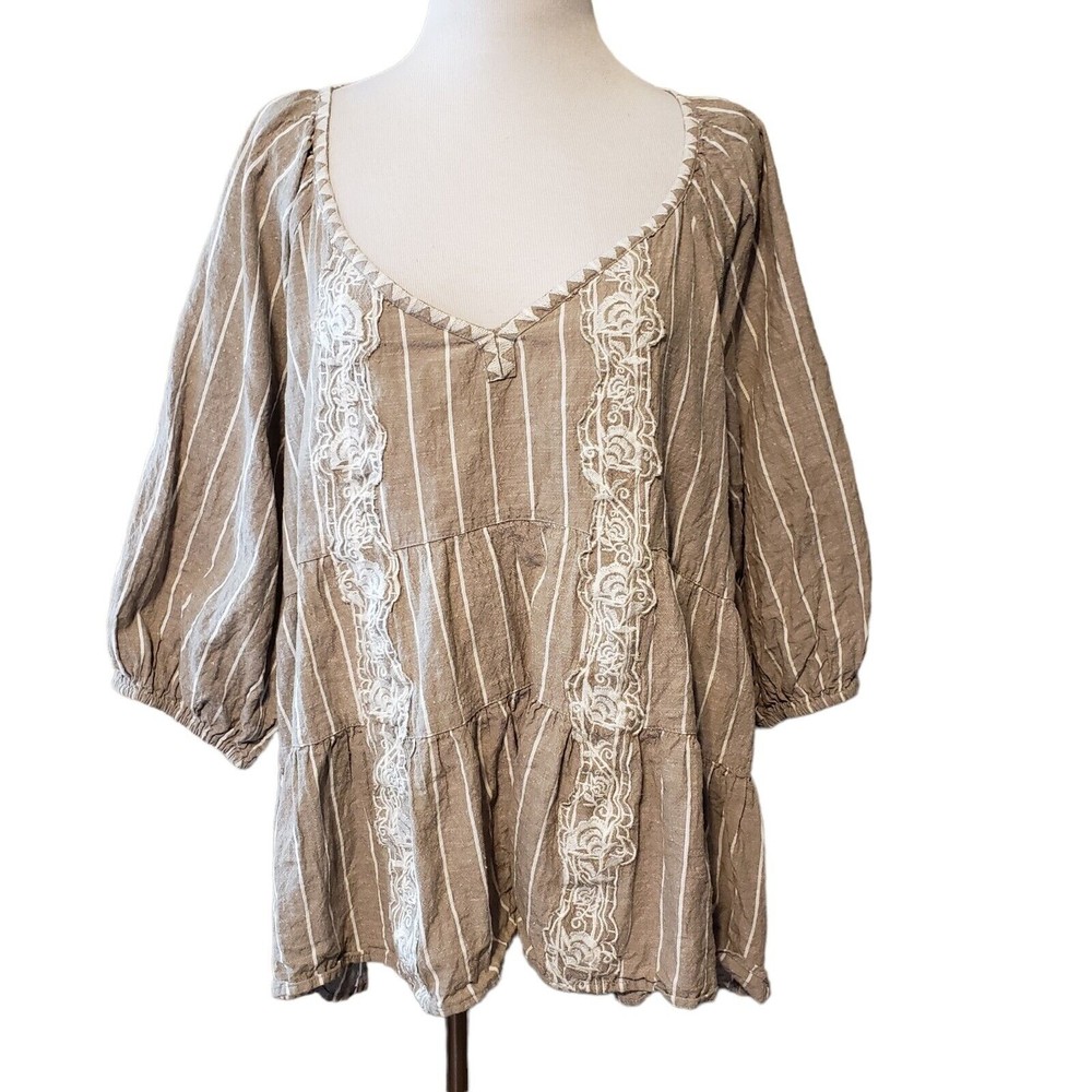 Melissa Paige linen blend Boho Floral Embroidered top Sweetheart neckline size L