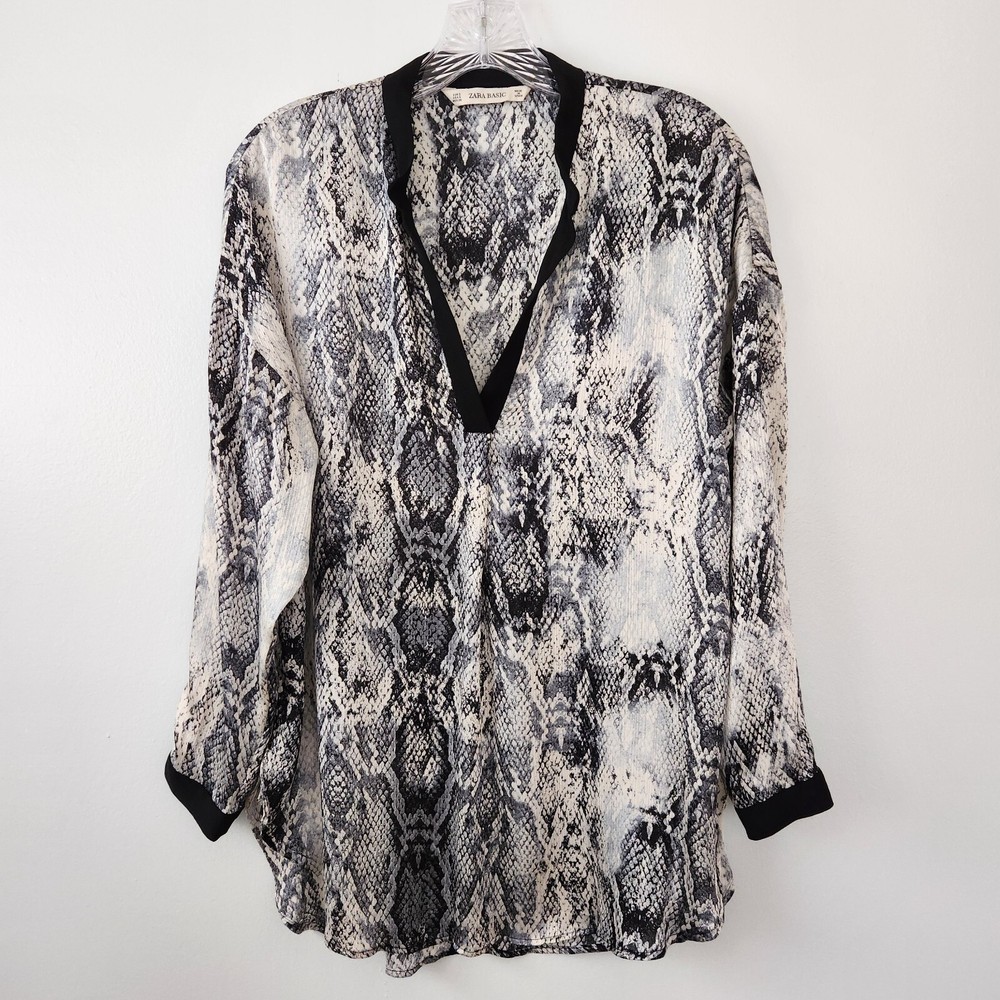 Zara Womens Tunic Shirt Blouse Black Tan Animals Print 3/4 Sleeve Top Size Small