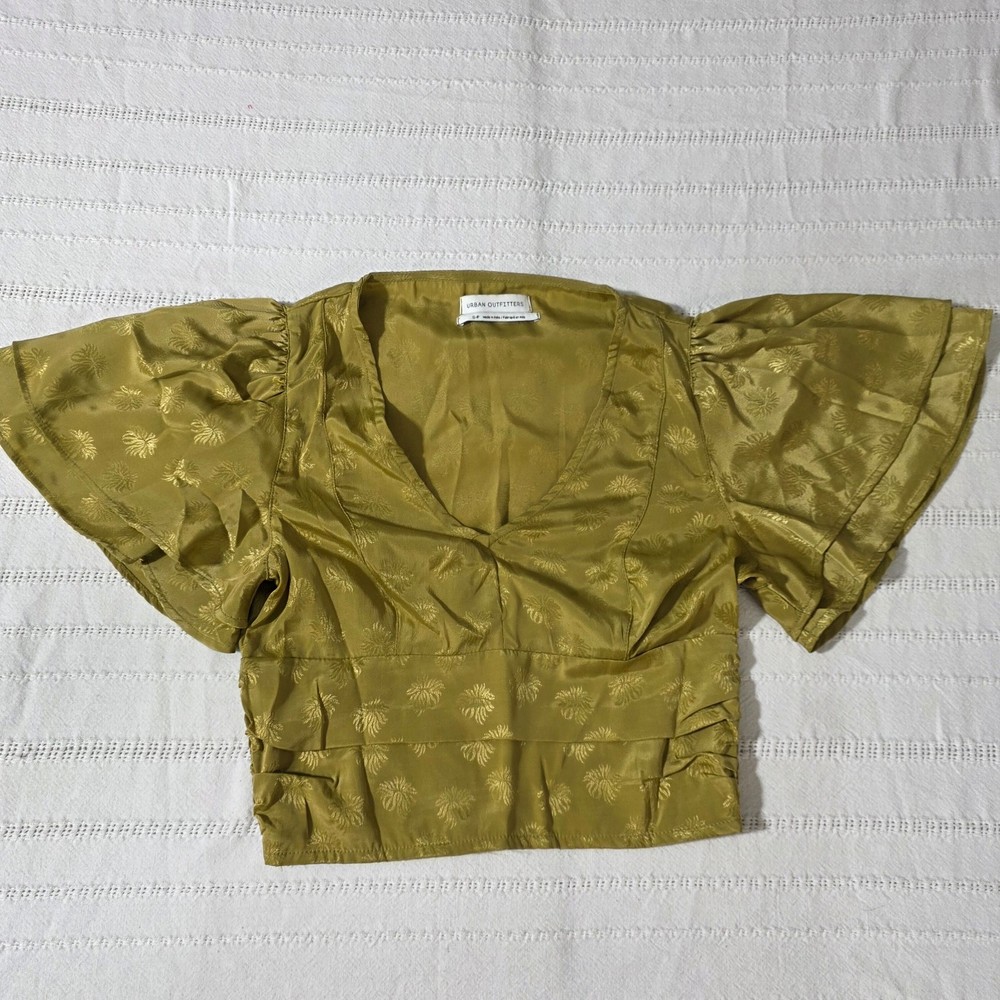 Urban Outfitters Smocked Jacquard Crop Top Green Women's Size S-P India