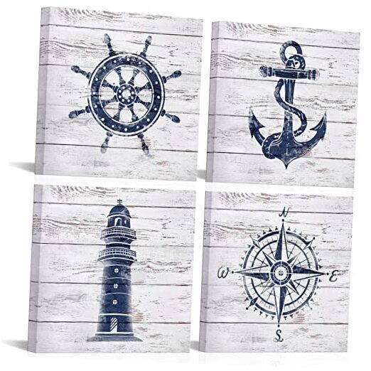Nautical Canvas Wall Art Nautical Bathroom Decor and White Lighthouse Navy