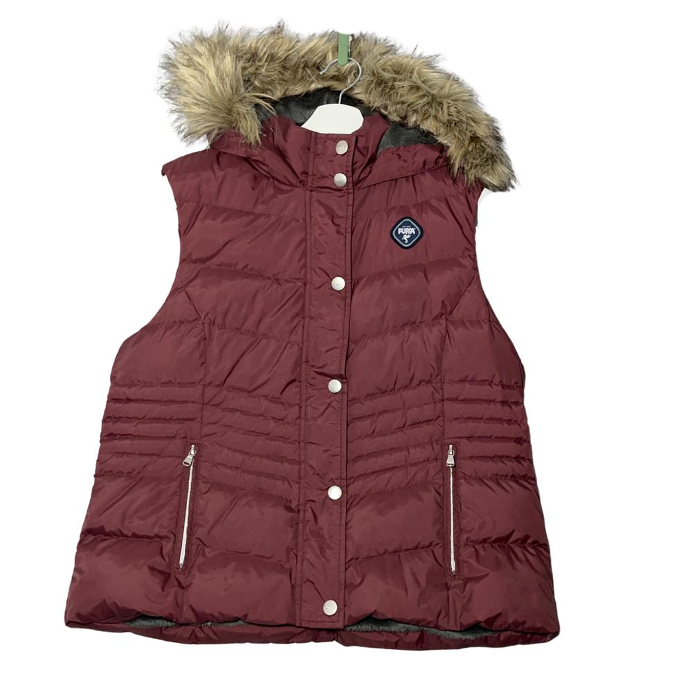 Original Puffa Down Gilet Vest Large Red Faux Fur Hood Fleece Lined Insulated