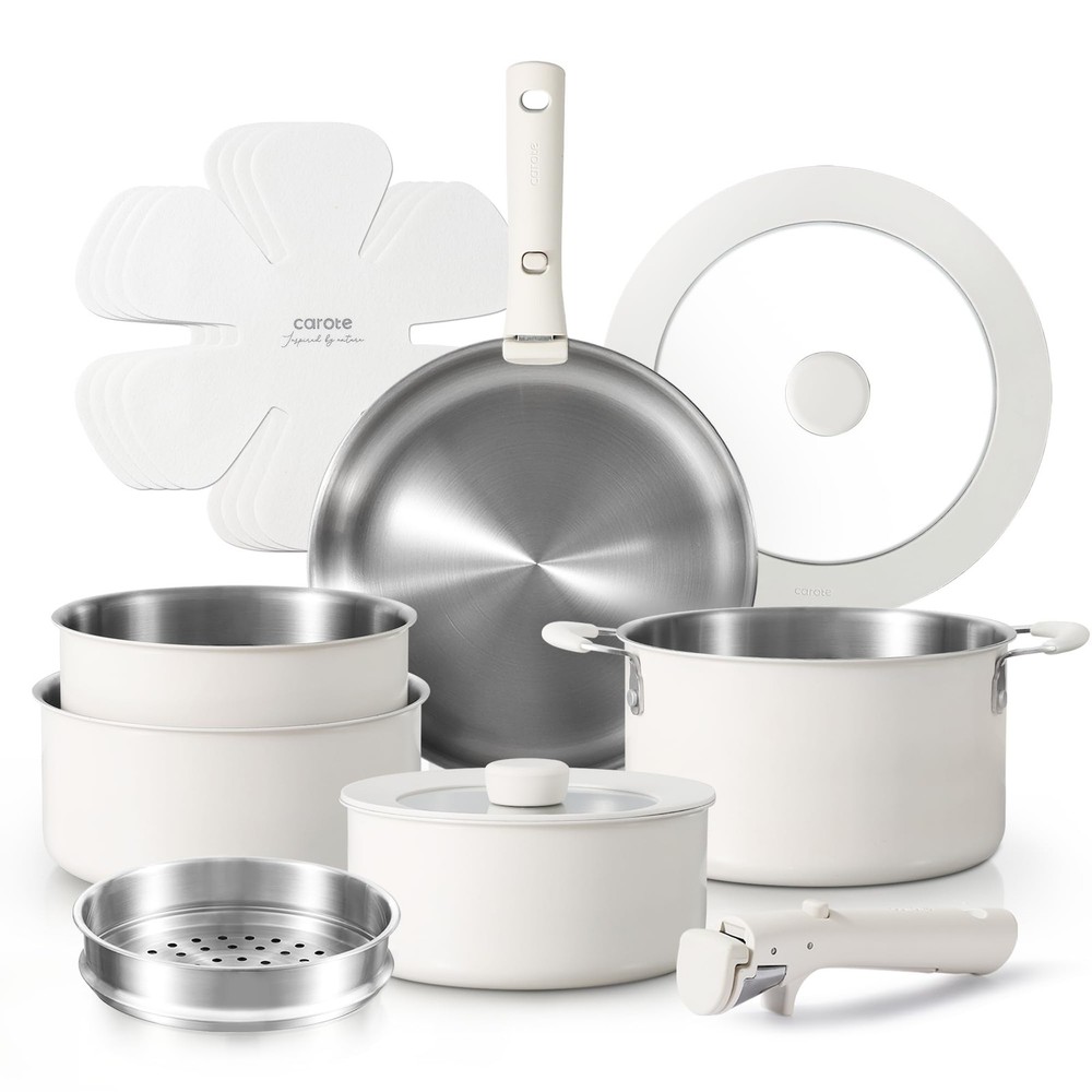 14-Piece Stainless Steel Cookware Set with Detachable Handle Induction Compatible Pots and Pans