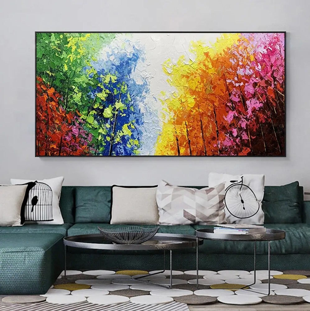 Hand Painted Colorful Forest Painting On Canvas Abstract Red & Green Forest-image