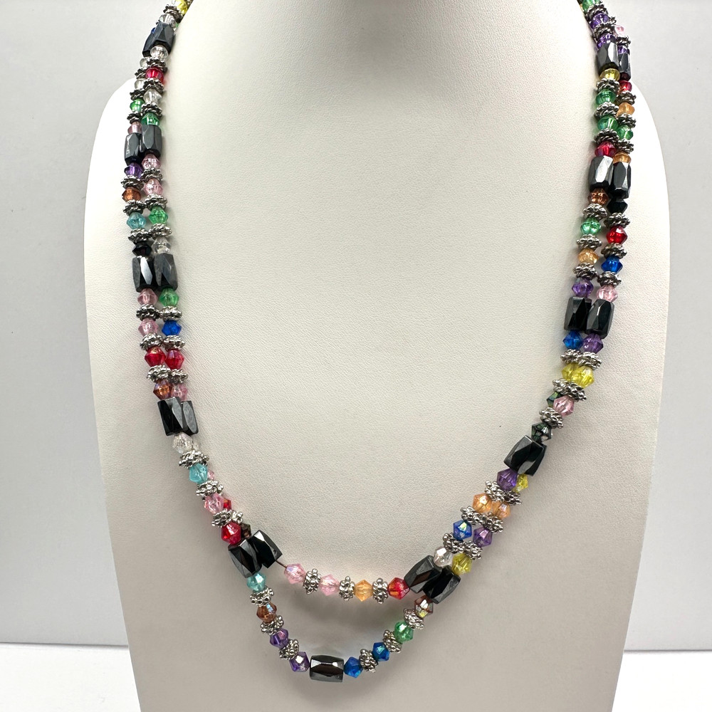 Vintage 90s Magnetic Hematite & Rainbow Glass Double Strand Necklace Jewelry
