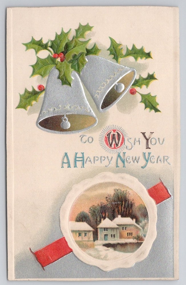 Vintage Embossed New Year Postcard - Bells, Holly & Winter Scene