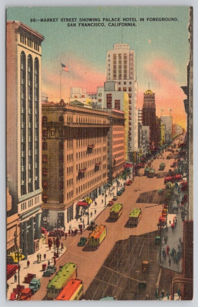 Vintage 1951 Market Street San Francisco Palace Hotel Linen Postcard Posted