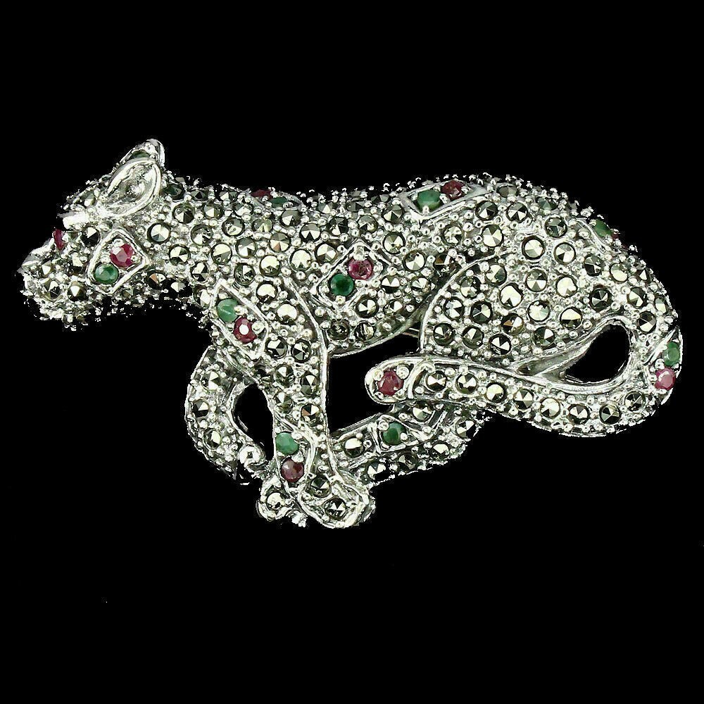 Sterling Silver Brooch with Genuine Ruby Emerald and Marcasite Gemstones