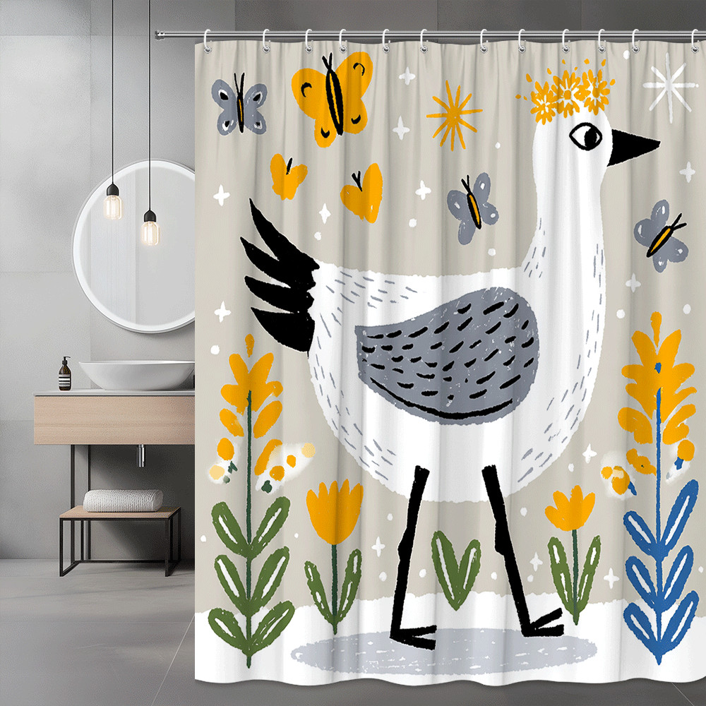 Bird and Butterfly Shower Curtain, Floral Print Bathroom Decor