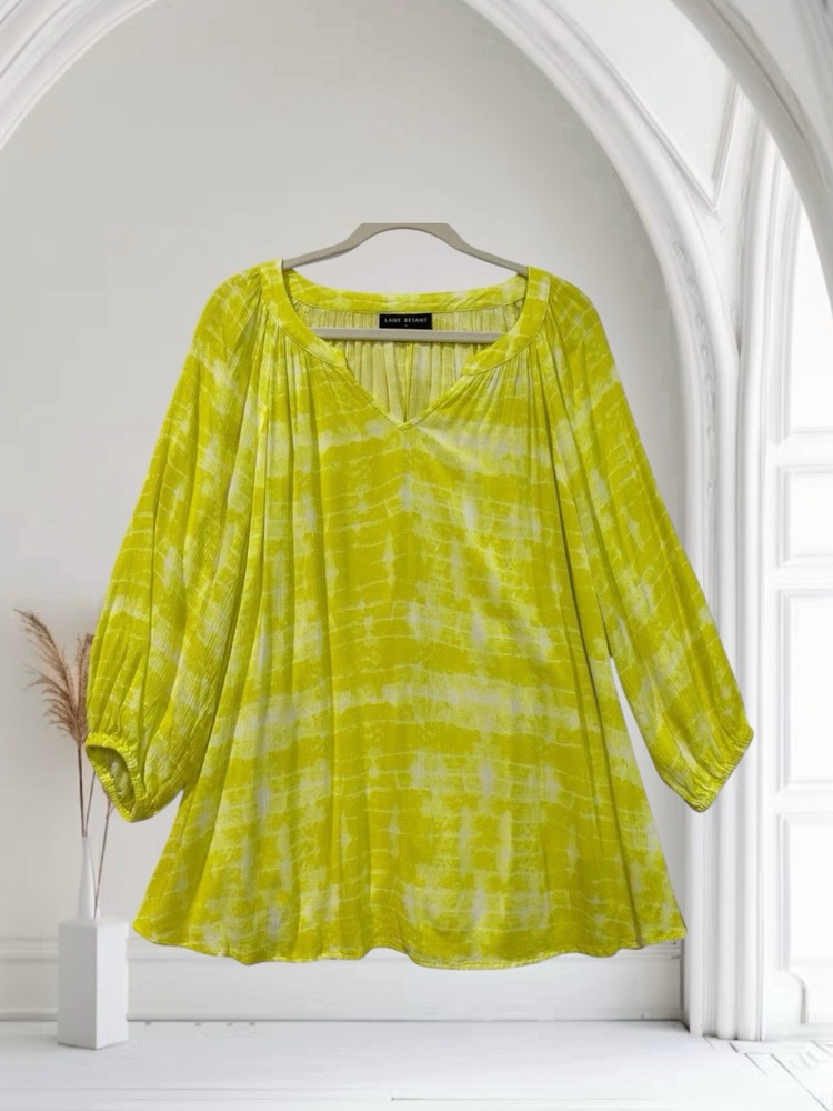 Lane Bryant Yellow Tie Dye Crinkle V Neck Top Size 16 Summer Boho Casual Chic
