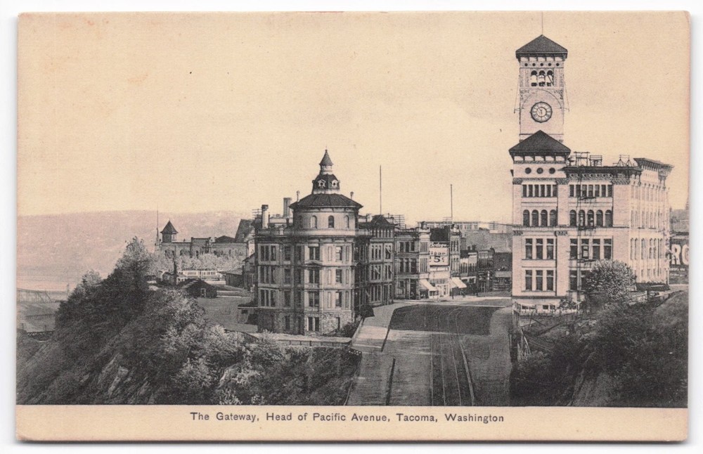 Tacoma WA Gateway Pacific Avenue Clock Tower Street View Postcard c1910