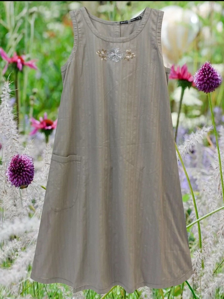 New Gudrun Sjoden Embroidered Pinafore Dress KHAKI Cotton Size L UK 16/18