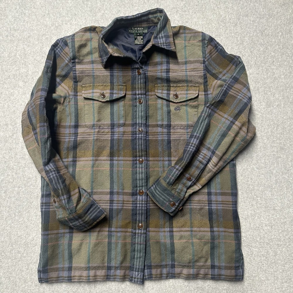 Lauren Ralph Lauren Pure Wool Blouse Petite Small Plaid Flannel Embroidered