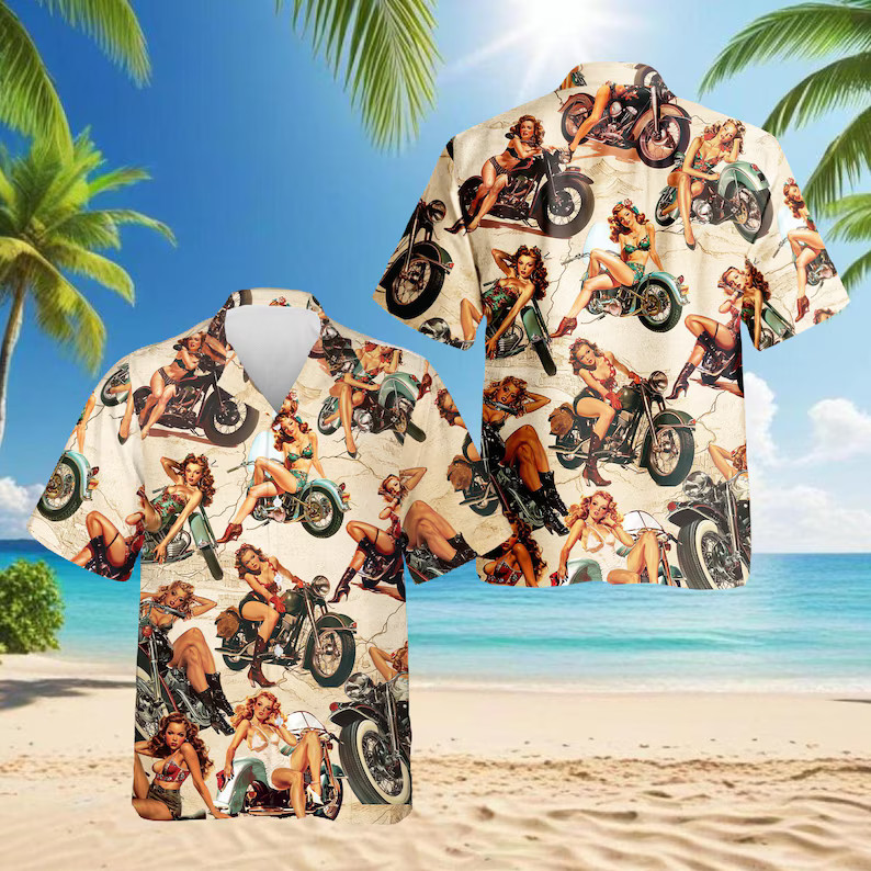 Pin Up Girls Motorcycles Hawaii Shirt Mens Womens Aloha Beach